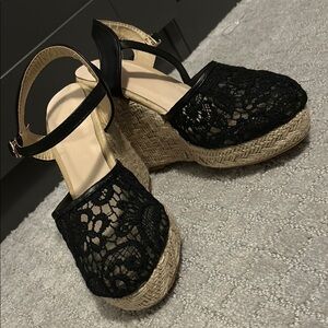 Black and Tan Espadrilles with Wedge Heel and Lace Upper